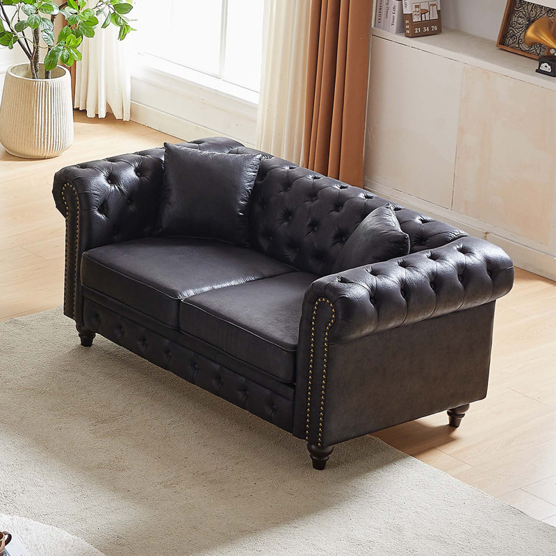 Canapé Chesterfield 63,5 po, boutons en tissu technique avec 2 coussins, Noir
