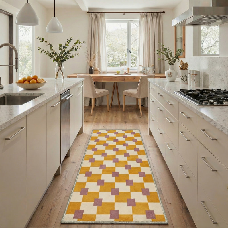 Geoform Modern Machine Washable Yellow / Beige / Purple Indoor Area Rug with Non-Slip Backing, Runner 2' x 7'