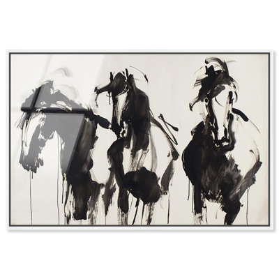 Chevaux dans l'encre acrylique encadrée en verre ultrabrillant encadré Art par Art Remedy, cadre blanc, 36 x 24
