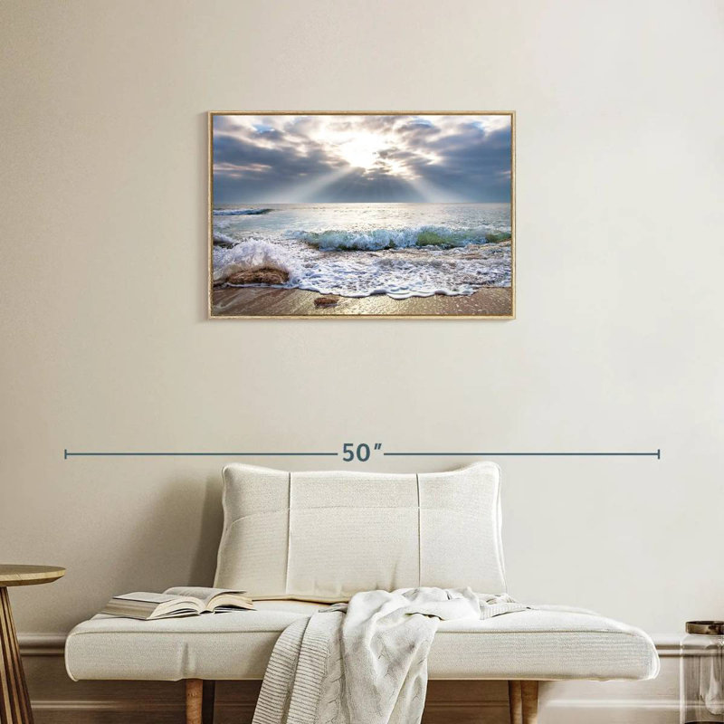 Océan au lever du soleil, Cadre flottant en bois naturel, 31 po x 21 po