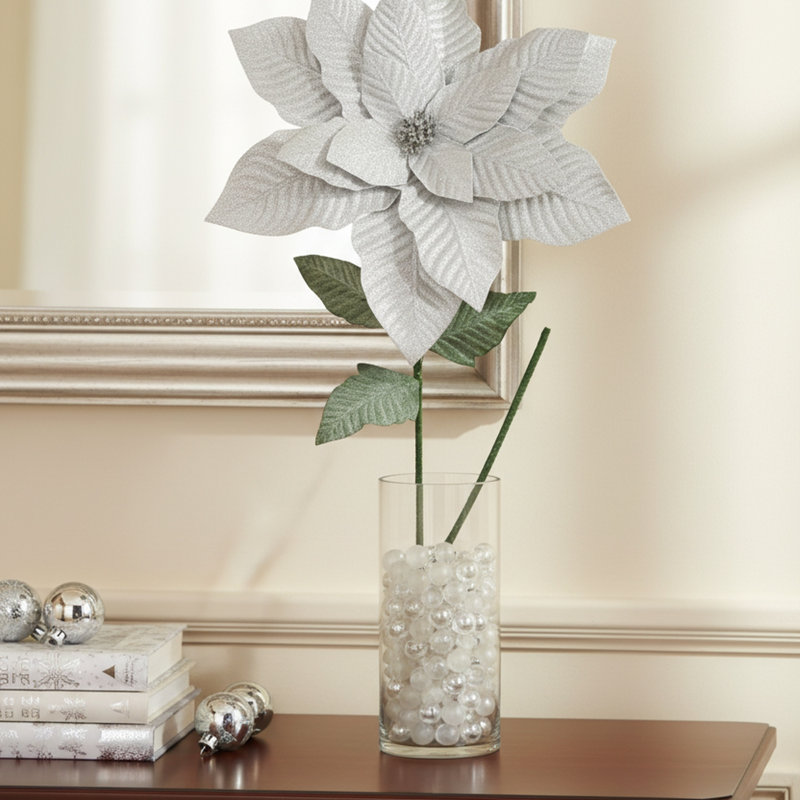 41,5 po. Poinsettia scintillant avec tige argentée, Argent, Argent