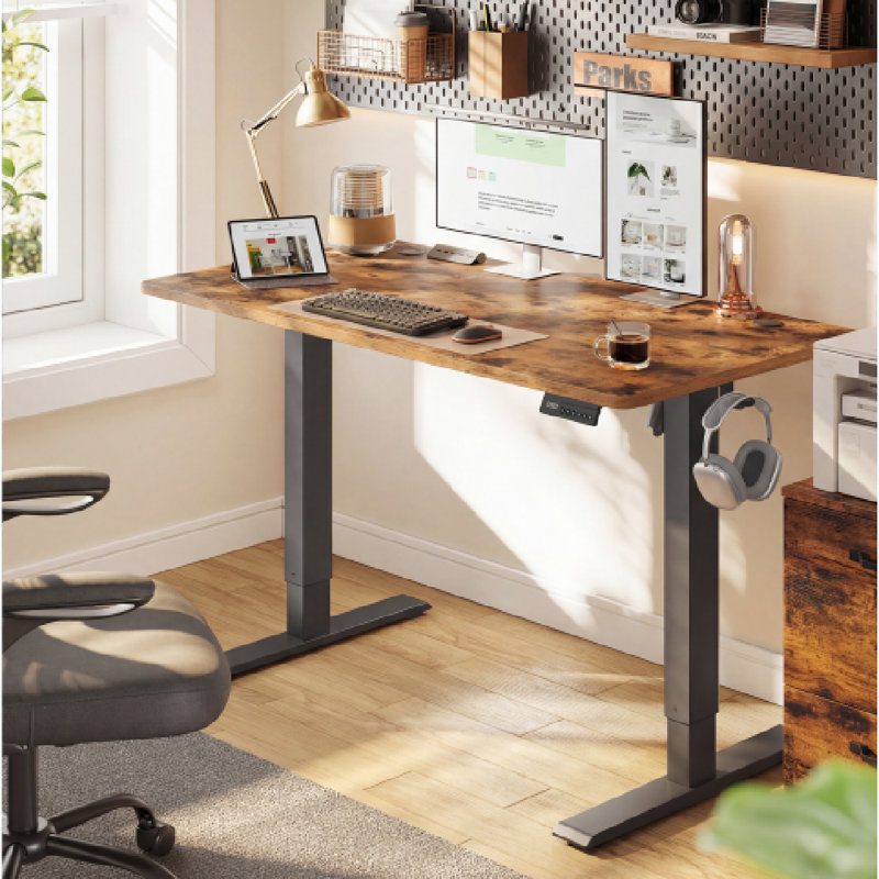 Adjustable Steel Computer Desk, 120 cm H x 120 cm W x 60 cm D, Black, Rustic Brown