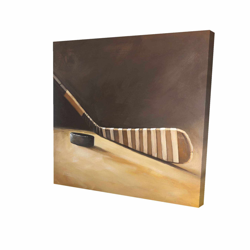 «Stick and Hockey Puck», reproduction de peinture à l'huile sur toile tendue, H 36 po x l 36 po x P 1,5 po