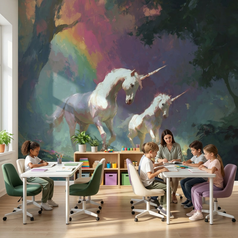 Unicorns papier peint fantaisie amovible arc-en-ciel double rouleau, 160"x108", Peler et coller