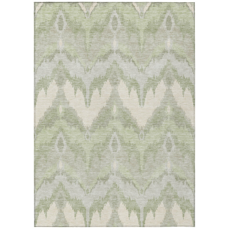3' X 5' Artichoke Green And Beige Ikat Washable Indoor Outdoor Area Rug