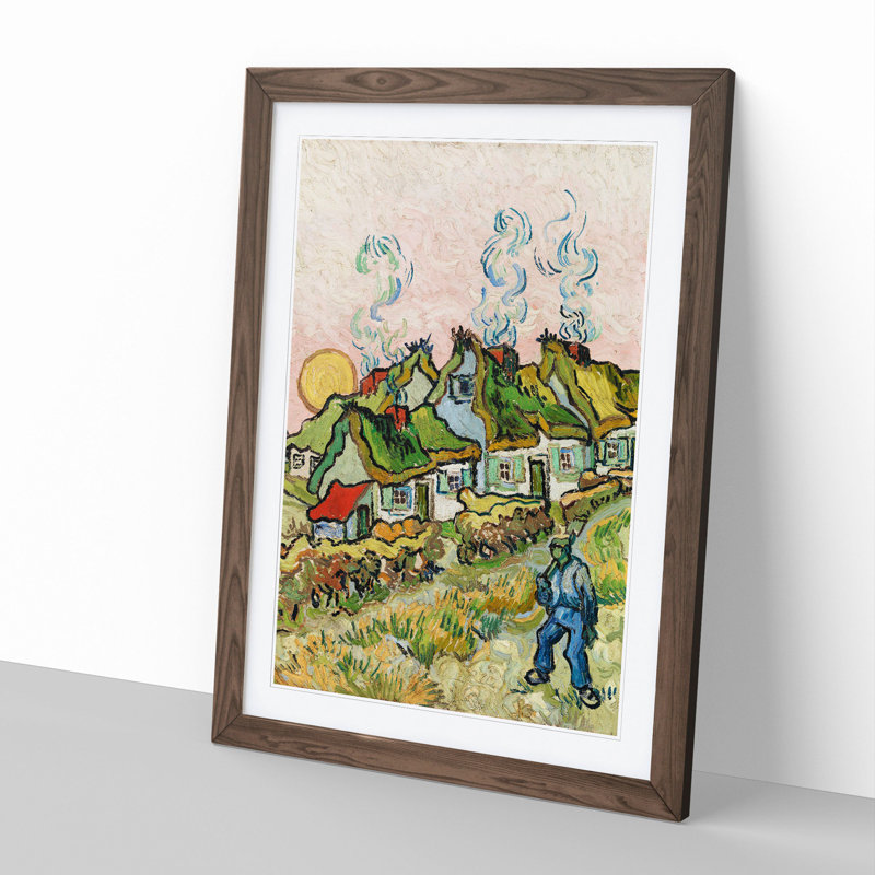 Houses and Figure by Vincent Van Gogh - Picture Frame Painting, 36cm H x 27cm W x 2cm D, Walnut Framed
