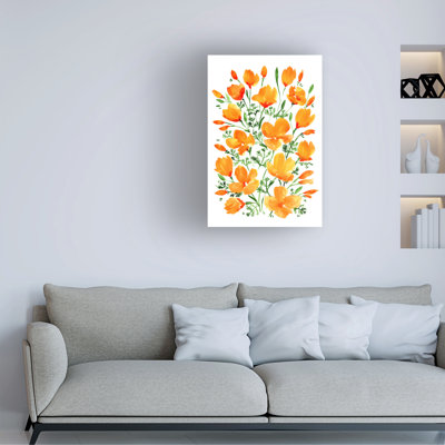 " Wrapped Canvas Wall Art - Rosana Laiz Blursbyai 'Watercolor California Poppies' Wall Art For Living Room, Bedroom, Or Office Décor - 22x32 "