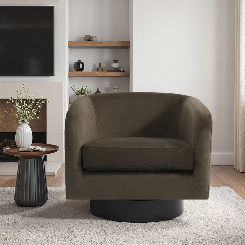 Everett Applewold Upholstered Coffee Velvet Swivel Barrel Chair with Solid Wood Base, Coffee