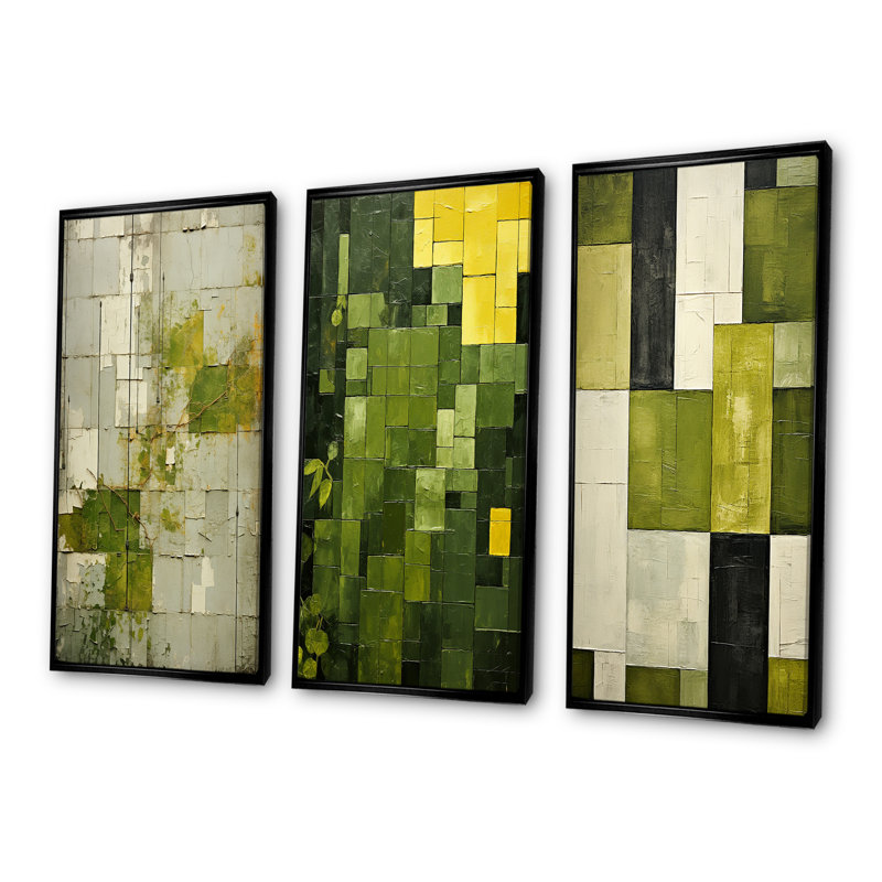 Ensemble de 3 reproductions d'art abstrait vert, Cadre flottant noir, H 40 po x l 60 po