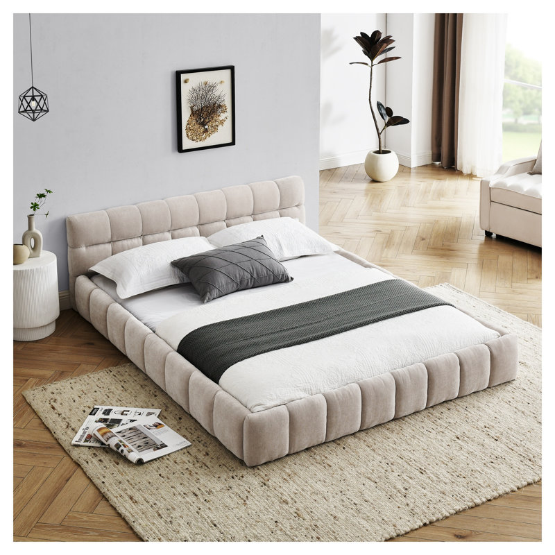 Structure de grand lit tapissier avec tête de lit capitonnée - lit moderne en chenille, aucun sommier nécessaire, beige