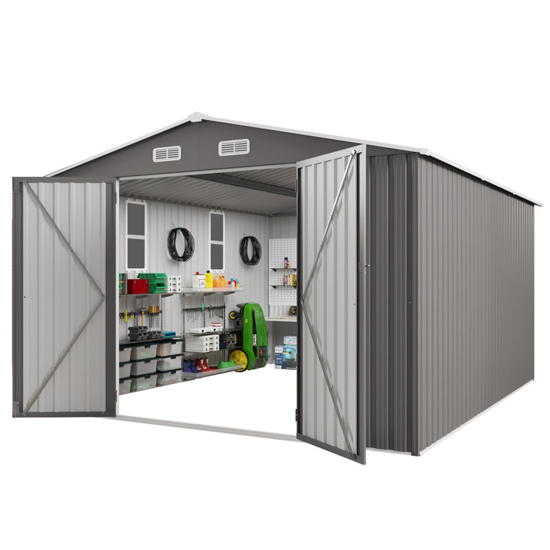 10 pi. L 12 pi. D, remise extérieure, grande remise de jardin en métal avec portes doubles et deux fenêtres, remise à outils imperméable pour la cour, le patio et la pelouse (gris) (120 pieds carrés)