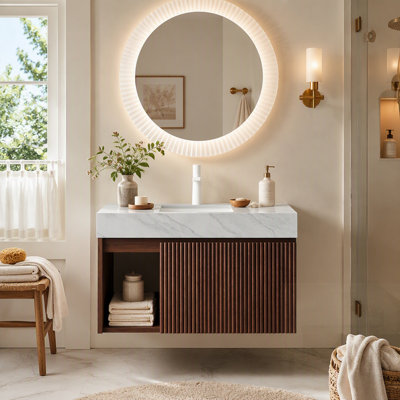 Meuble-lavabo avec lavabo suspendu et rangement intégré, comptoir en pierre frittée veinée, lavabo en céramique