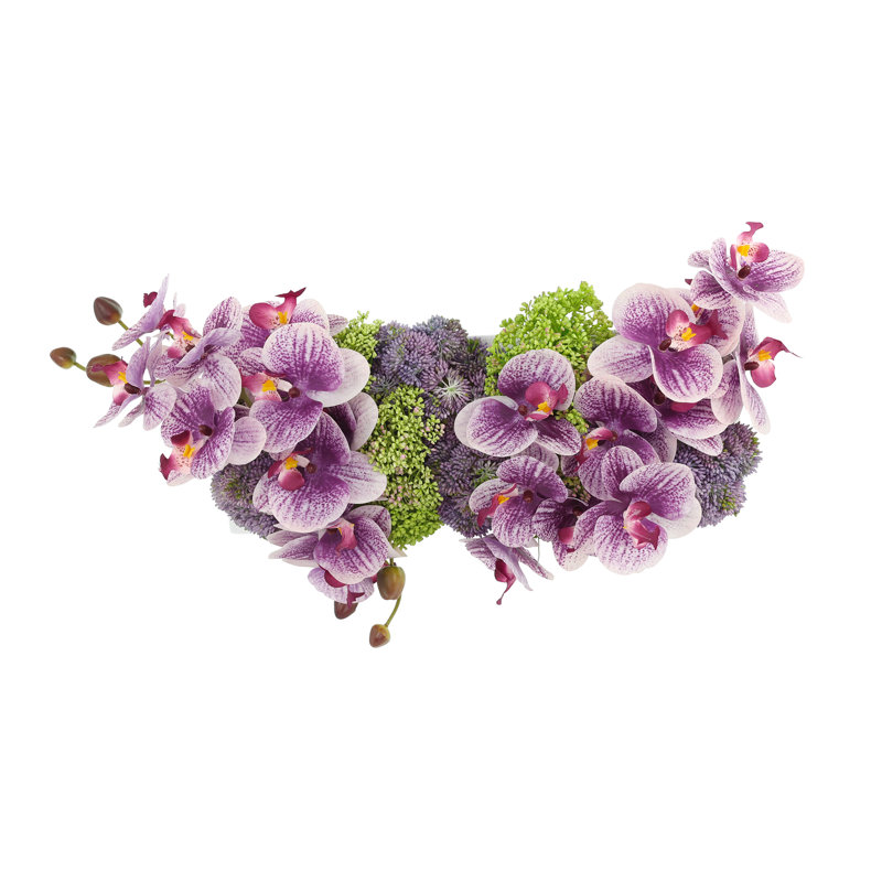Orchid and Sedum Arranged in Fiberstone Planter, Purple, 8" H x 22" W x 13" D