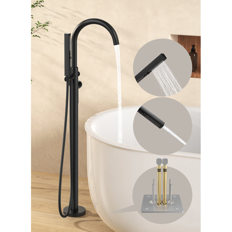 KES Free Standing Bathtub Faucet with Rough-In Valve & 2-Function Handshower for Tub Rinsing & Bathing, High Flow 2-Min Fill Floor Mount Tub Filler, Anti-Wobble Base, Matte Black