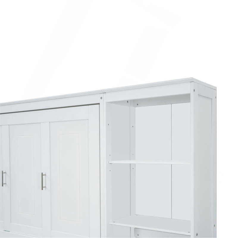 Lit escamotable double avec bureau et bibliothèque, blanc