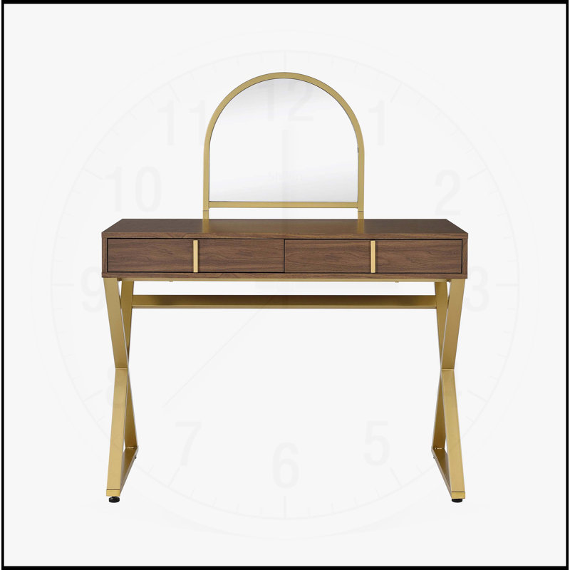 Charming Vanity Desk with Mirror and Jewelry Tray for Stylish Spaces, Gold/Walnut