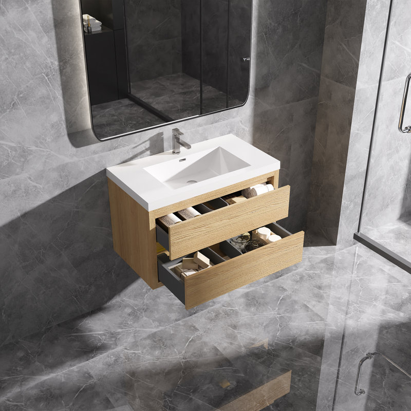 Meuble-lavabo mural flottant en chêne naturel avec surface de lavabo simple en blanc, Brun, 36"