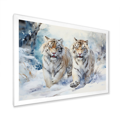 White Tigers Playing In The Snow I - Tiger Animal Wall Art