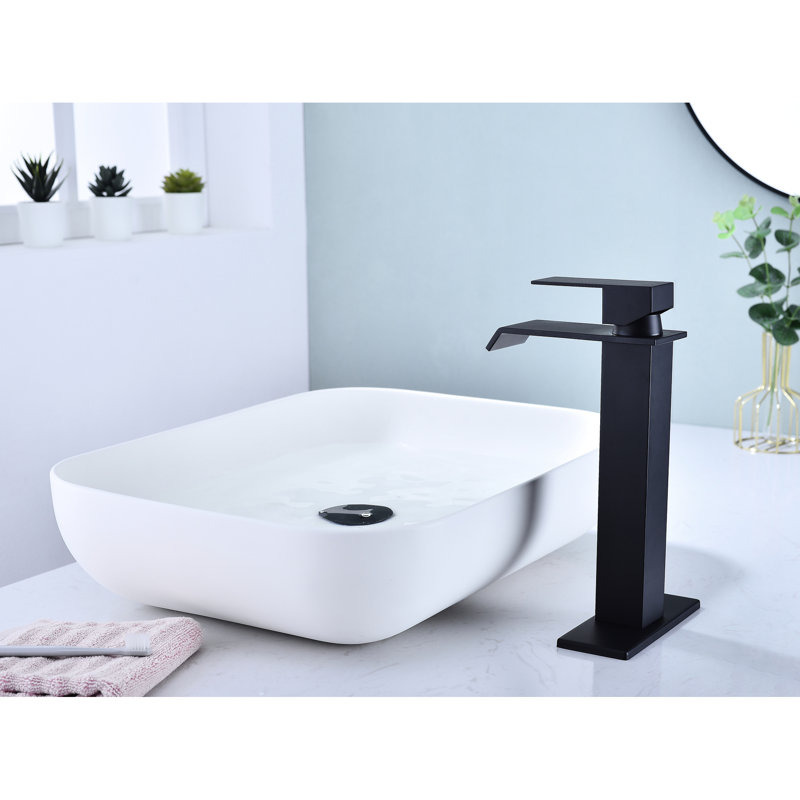 Waterfall Spout Bathroom Faucet With Pop-Up Drain In Matte Black, Stainless Steel For A Remodel Sink Drain, Black Finish Graceful