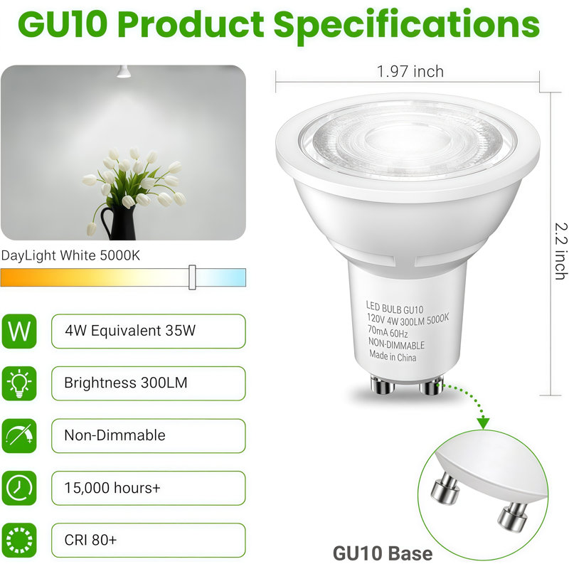 Ampoule DEL GU10 non à intensité variable, équivalente à 4 W, 35 W, blanc doux, 300 000 lumens, 300 lumens, remplacement de l'ampoule classique pour éclairage sur rail, cuisine, salon, chambre à coucher, emballage de sac, base GU10 120 V, paquet de 6