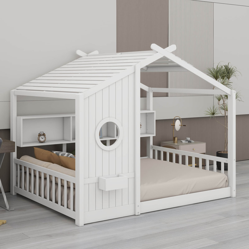 Lit sur pied Montessori, lit sur pied avec tablette de rangement pour tout-petit, lit de jeu avec toit, Blanc, Lit double