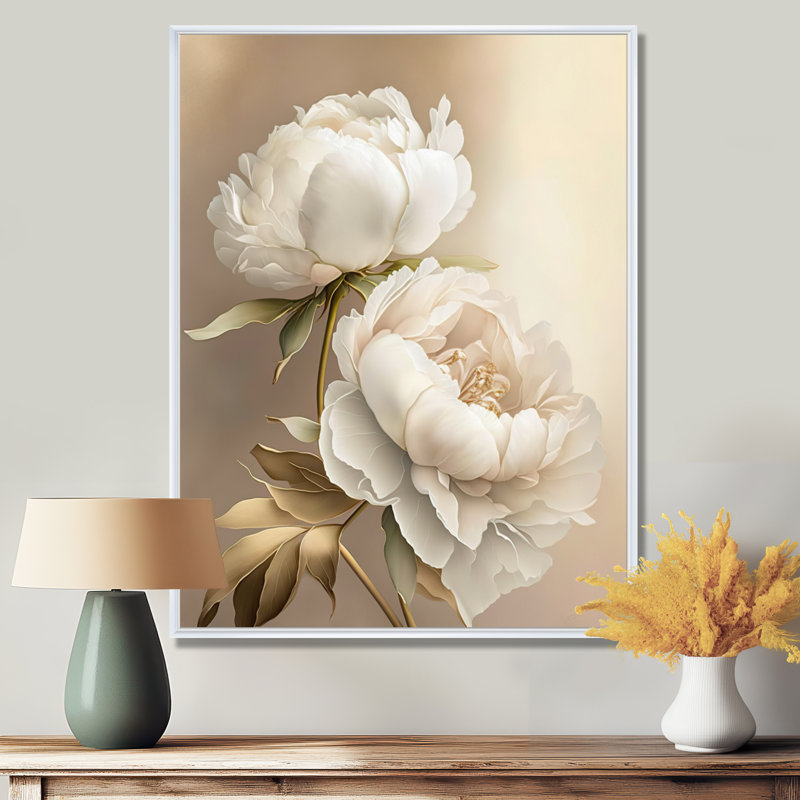 Peony Flower II - Print on Canvas, 32" H x 16" W, White Floater Framed