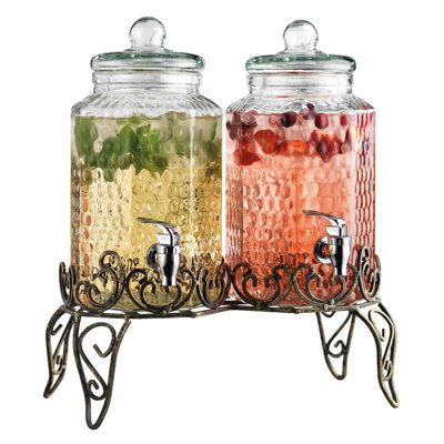 Glass Beverage Dispenser with Classy Metal Stand, Glass Drink Dispenser with 100% Leak Proof Spigot, Party Drink Dispenser, Set of 2, (Clear)