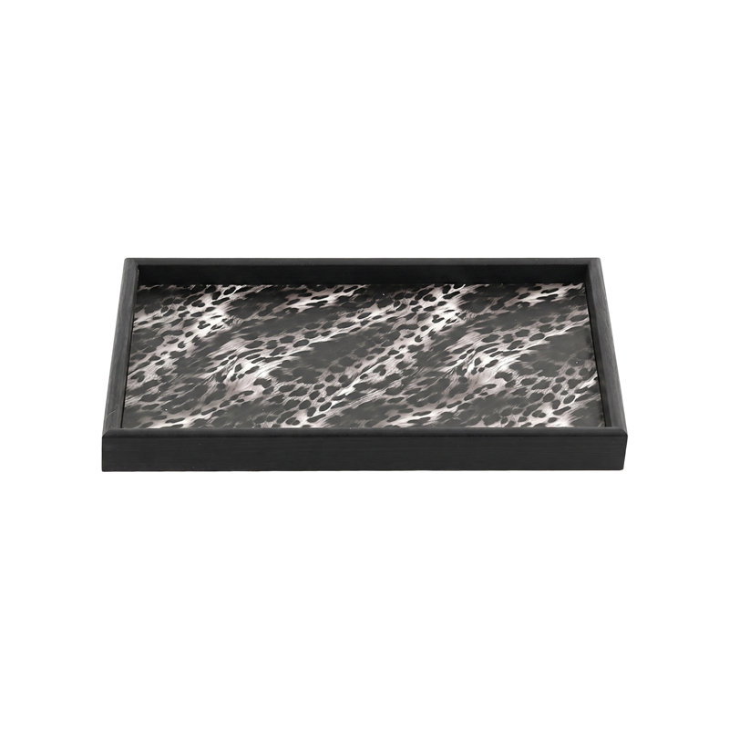Plateau de service en bois à imprimé léopard avec cadre noir, plateau rectangulaire décoratif pour console et entrée