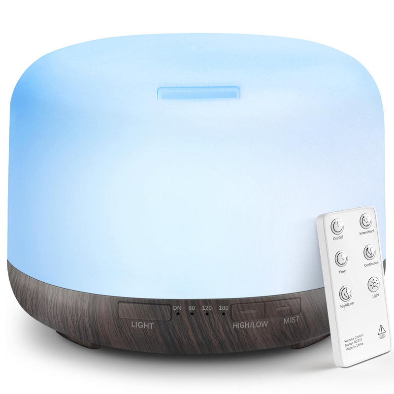 Diffuseur d'huiles essentielles 500 ml, humidificateur ultrasonique d'aromathérapie avec télécommande, 7 couleurs à DEL, minuterie et arrêt automatique, grand diffuseur de pièce