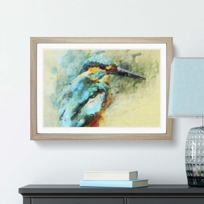 Kingfisher Illustration in Abstract - Picture Frame Painting Print, Oak, 60cm H x 91cm W x 2cm D