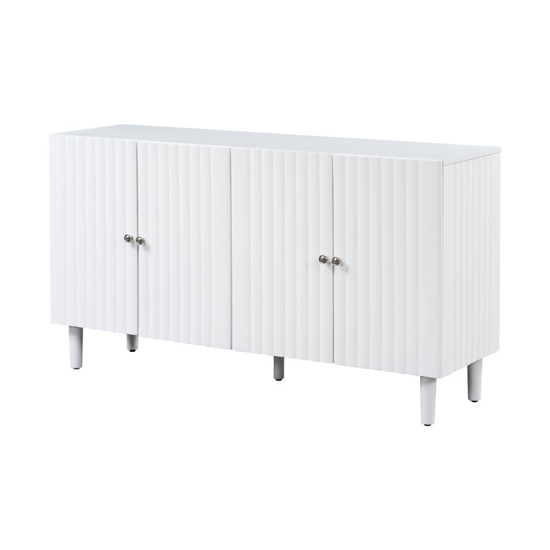 Buffet moderne de 58 pouces de large avec portes à motif ondulé, armoire de rangement de 32 po de hauteur avec tablettes réglables et poignées en métal, blanc