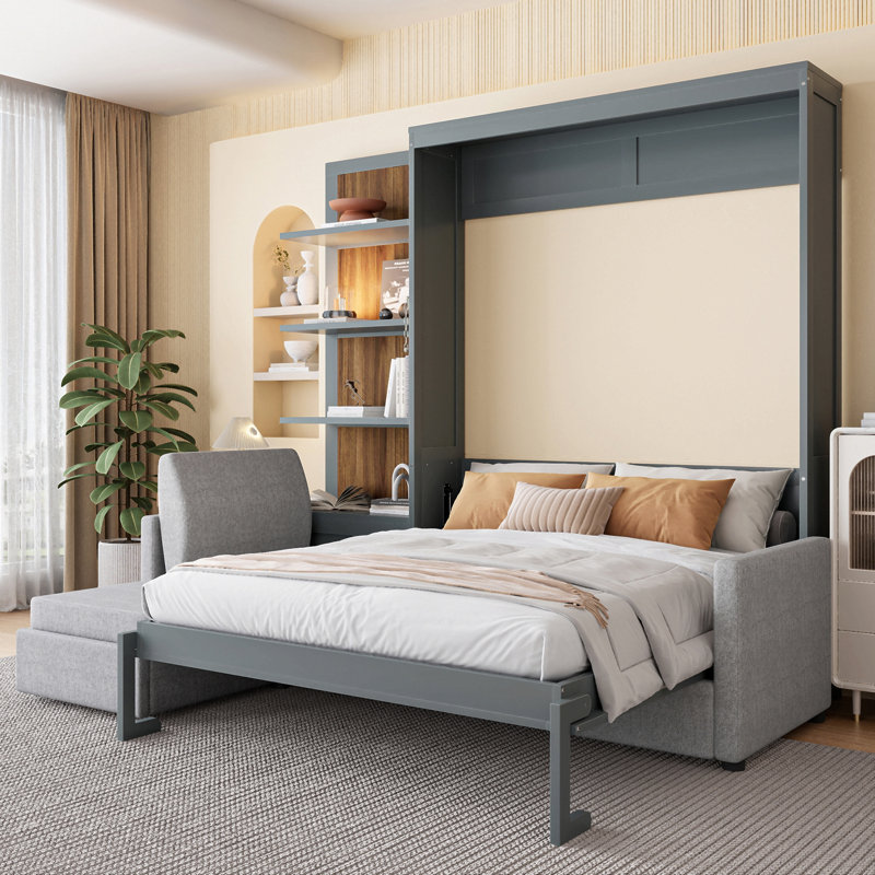 Grand lit escamotable mural avec canapé et tablettes, Gris