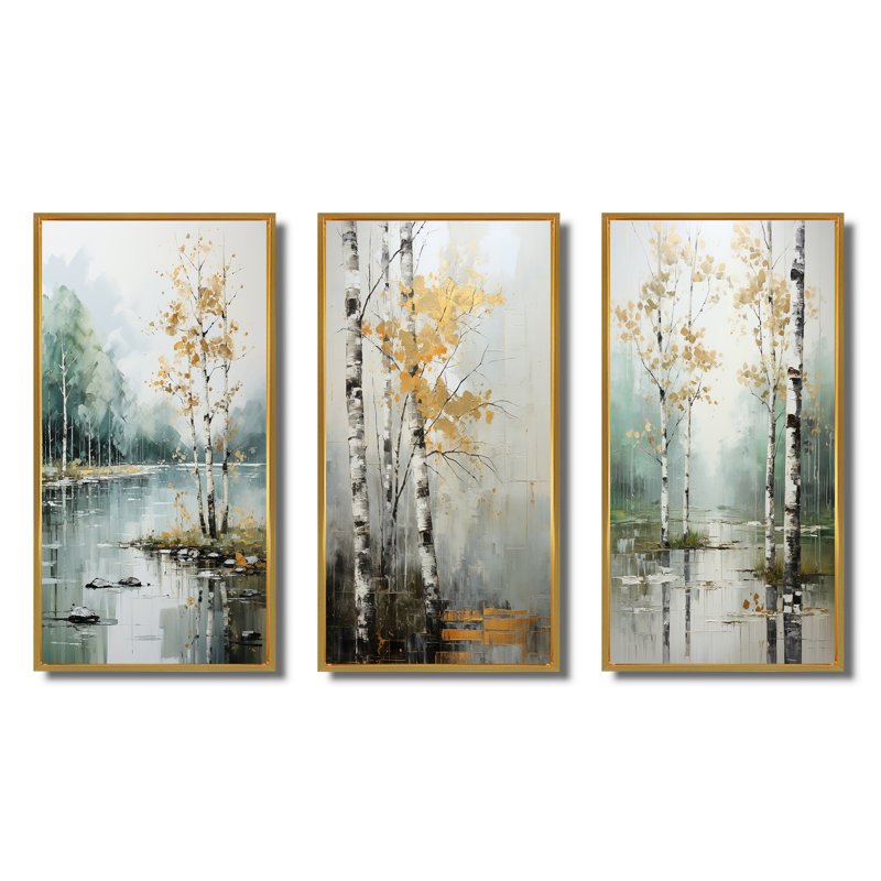 «Birch Woods Ethereal Elegance», 3 pièces, Encadrement doré, H 20 po x l 36 po