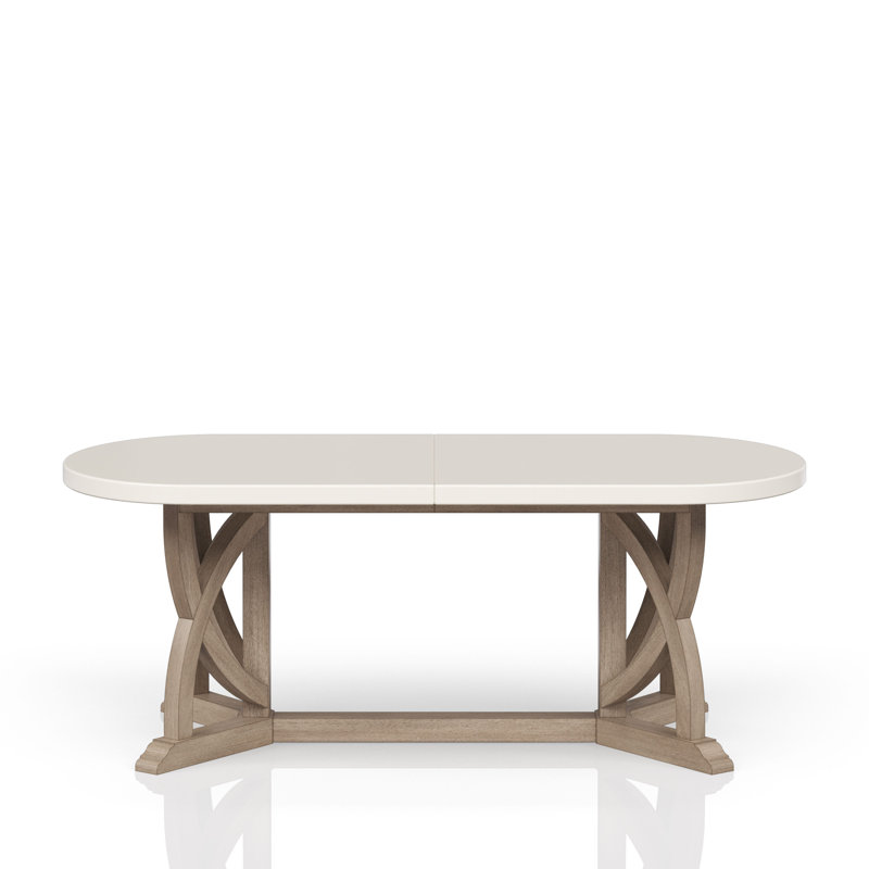 Dana Heights 9-Piece Dining Set with Trestle Table, Leaf Extension, 8 Upholstered Nailhead Chairs, Mindi Veneer, Cement & Sand Finish