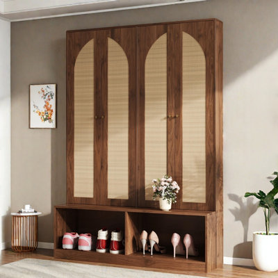 Farmhouse Widen Hall Tree With 4 Rattan Doors, Seating Bench, 6 Hooks And Shoe Cabinet by Bayou Breeze