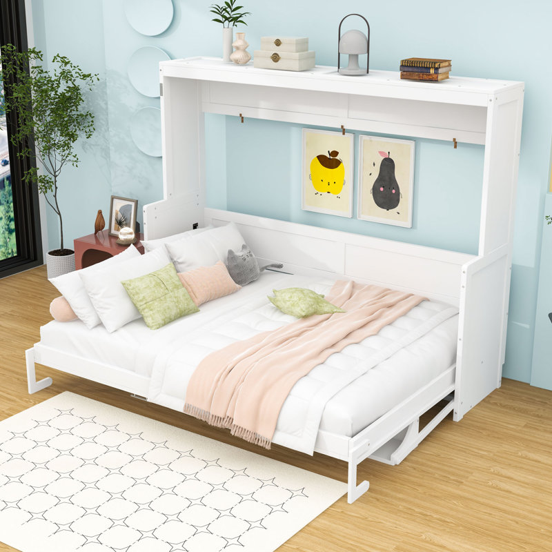 Wakefield Wall Murphy Bed with Integrated Desk, White, Queen