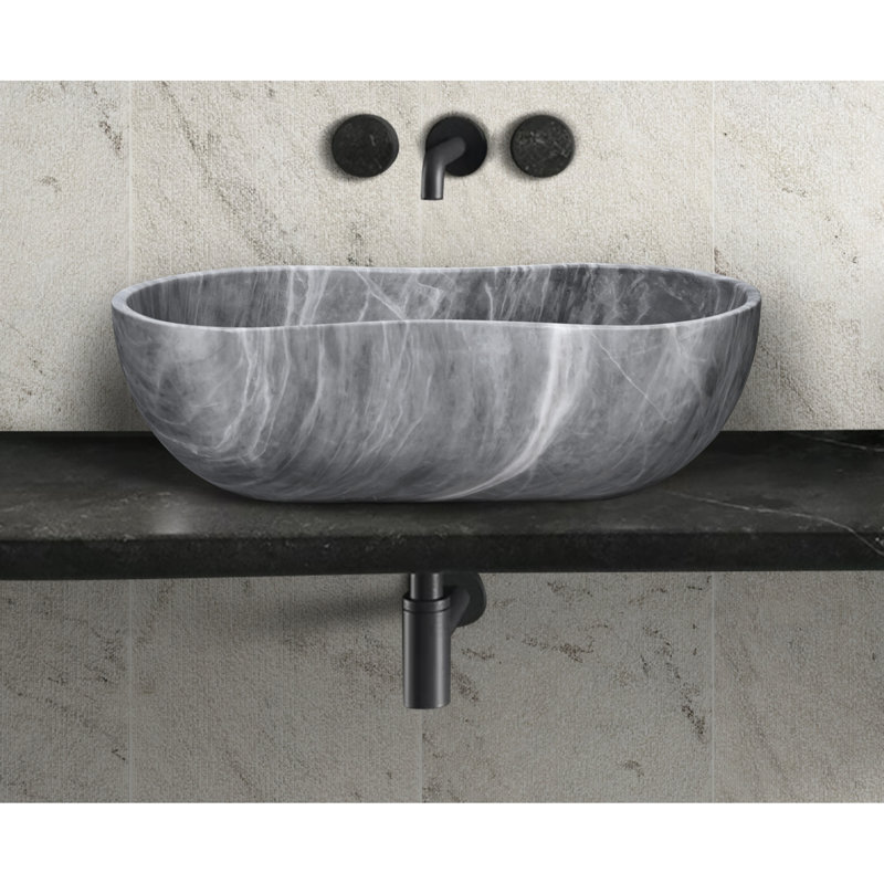 Lavabo en marbre naturel gris, 23,6 po x 14,2 po x H 7,1 po, conception ondulée, facile à entretenir, s'adapte bien aux salles de bain