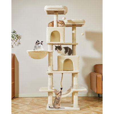 Arbre à chat, tour à chat de 66,2 pouces pour chats d'intérieur, condo pour chat à plusieurs niveaux avec 12 poteaux à griffer, 2 perchoirs, 2 grottes, hamac, 2 pompons, MS013P