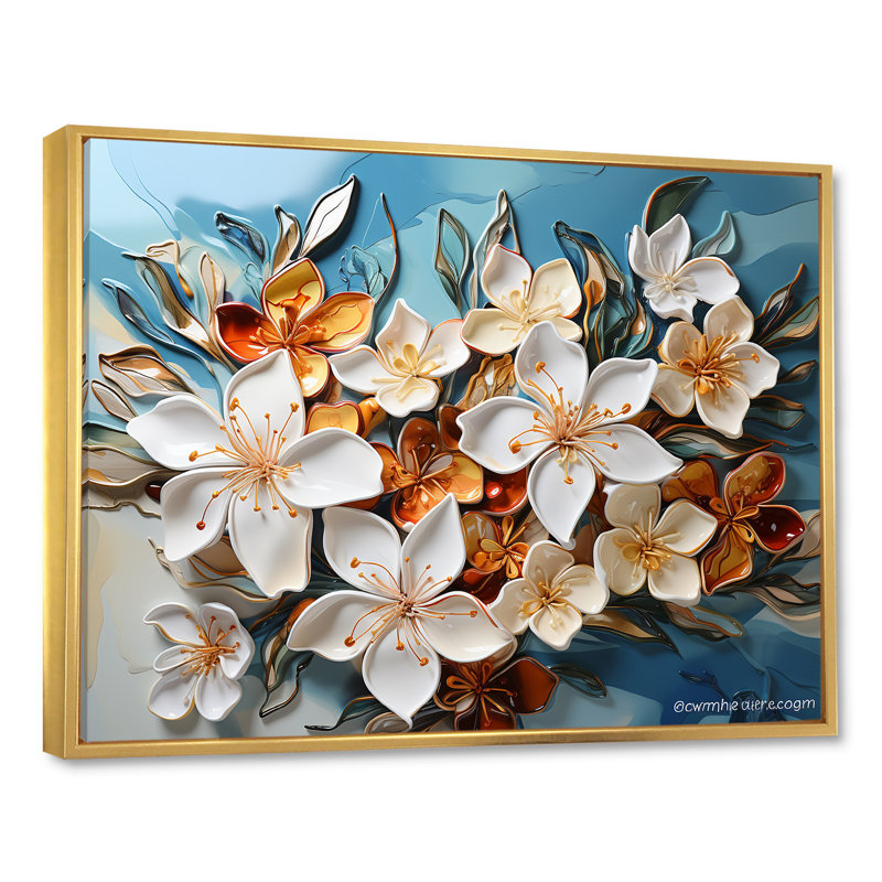 " White Plumeria Liquid Art Flower Field ", Floater Framed Gold, 16" H x 32" W