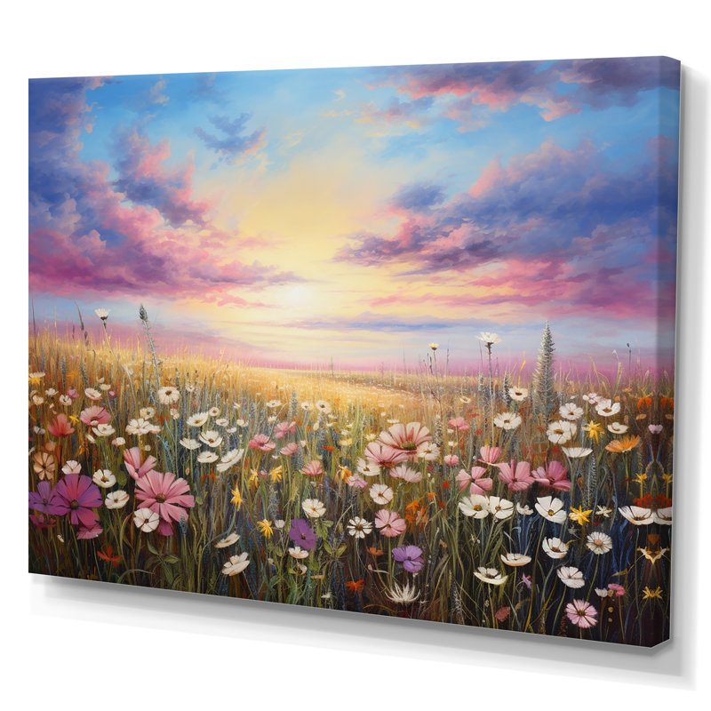 «Pink White Wildflowers Fields of Serenity», reproduction sur toile encadrée, Toile tendue, H 34 po x l 44 po x P 1,5 po