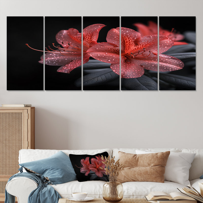 Rose noir, rhododendron, minuit, floraison I - ensemble d'art mural rhododendron, H 32 po x l 80 po