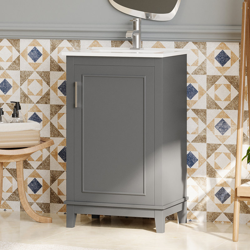 Petit meuble-lavabo moderne de 20 pouces avec lavabo en céramique - 20 * 14,5 * 33,3 pouces, rangement spacieux, 1 porte à fermeture en douceur