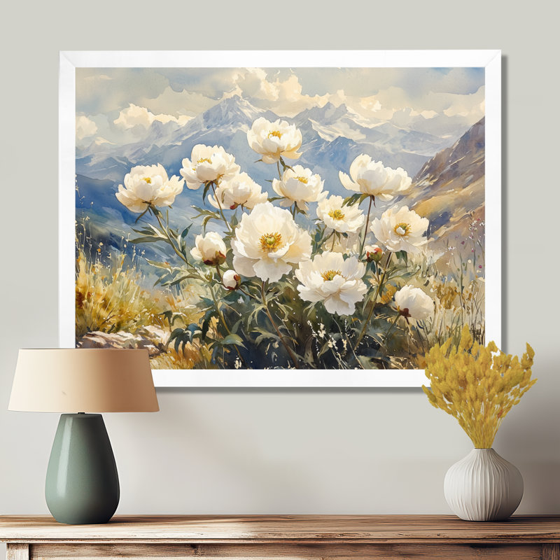 Pivoines dans le plateau balayé par le vent I - pivoines, art mural, H 12 po x l 20 po, Cadre flottant doré