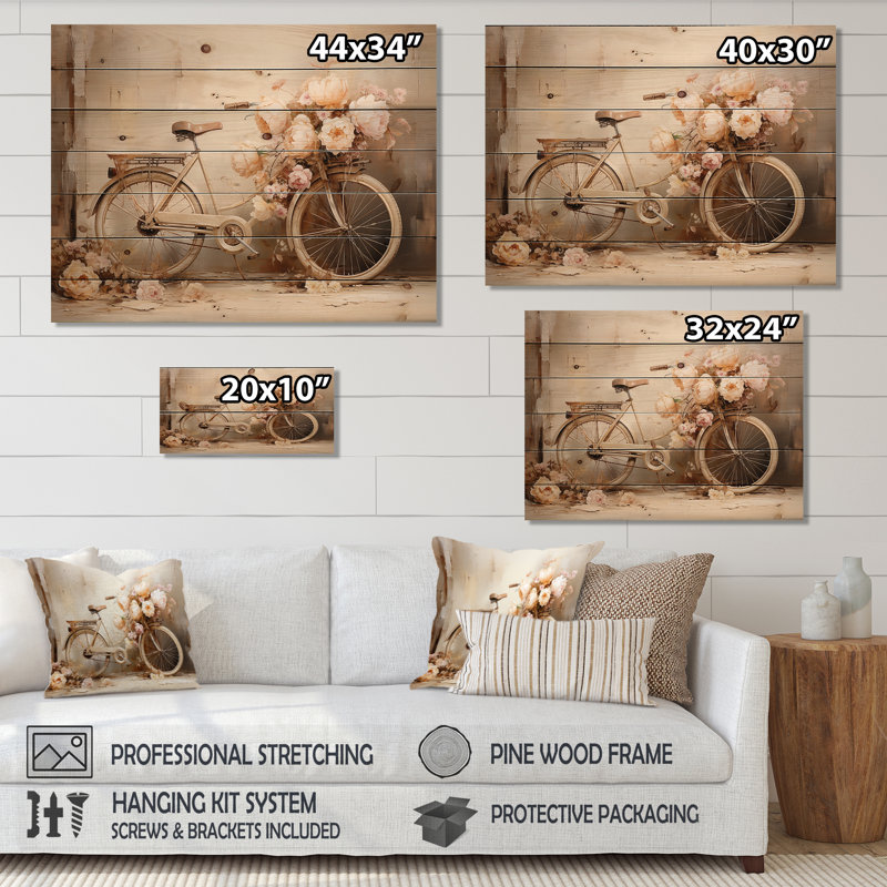 Bicycle Pearl Pedal - Bicycle Wood Wall Art On Natural Pine Wood, 10" H x 20" W