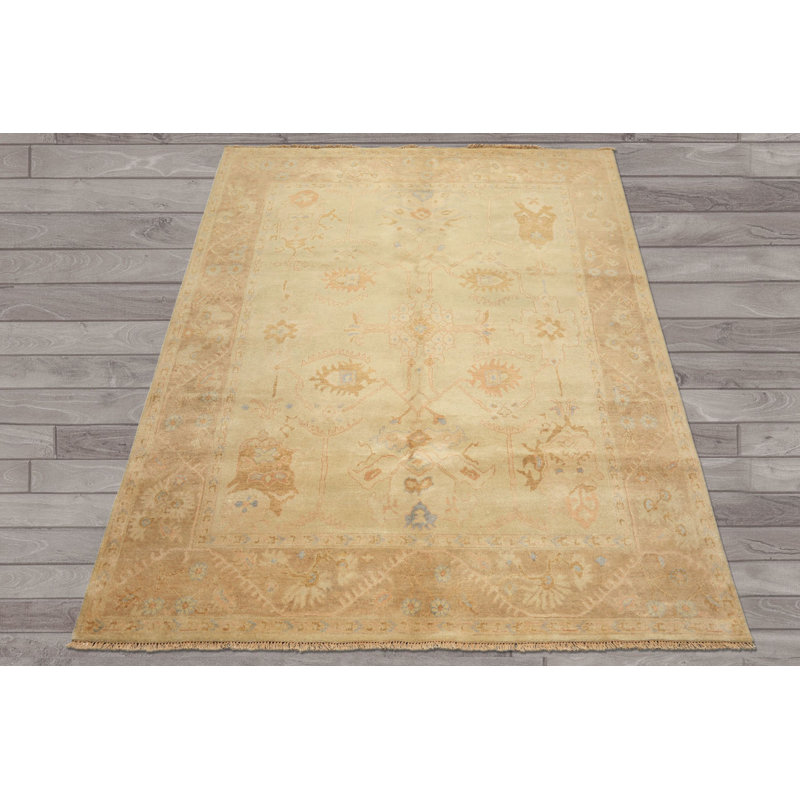 Tapis de transition en laine beige taupe de 2,41 m x 2,92 m, noué à la main
