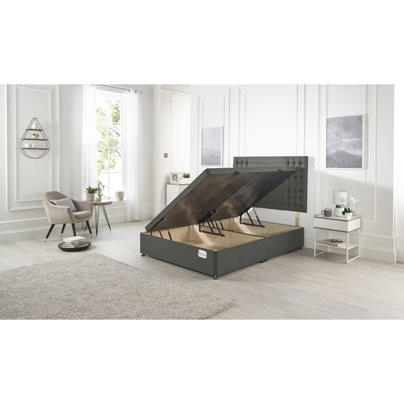 Luxara Solid Wood Ottoman Bed Side Opening with Upholstered Headboard Linen Fabric, Grey, Double (4'6)