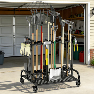 Heavy-Duty Rolling Garden Tool Organizer With Lockable Wheels, Large Capacity Garage Tool Rack With Hooks For Broom, Shovel, Long-Handled Tools, Metal Yard Storage Cart For Garage, Shed, Outdoor