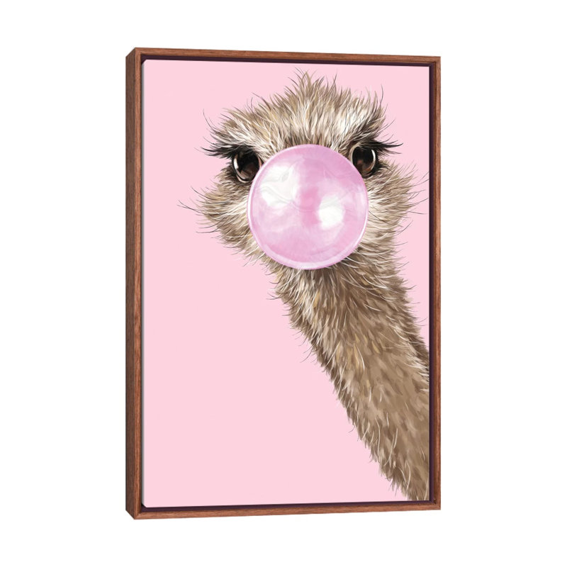 Autruche avec gomme à bulles rose par Big Nose Work - impression d'art graphique, H 26 po x l 18 po x 1,5 po, Pas de tapis