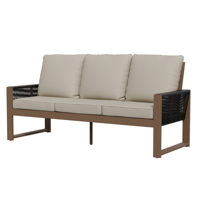 Brown Cedar Wood 3-Seat Sofa with Olefin Cushions for Outdoor, Patio, Beige