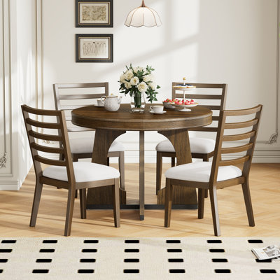 Round Dining Table or 4 with Chairs Set, Extendable Dining Table Set with 16" Removable Middle Leaf, 5 Piece Retro Dining Table Set Unique Geometric D
